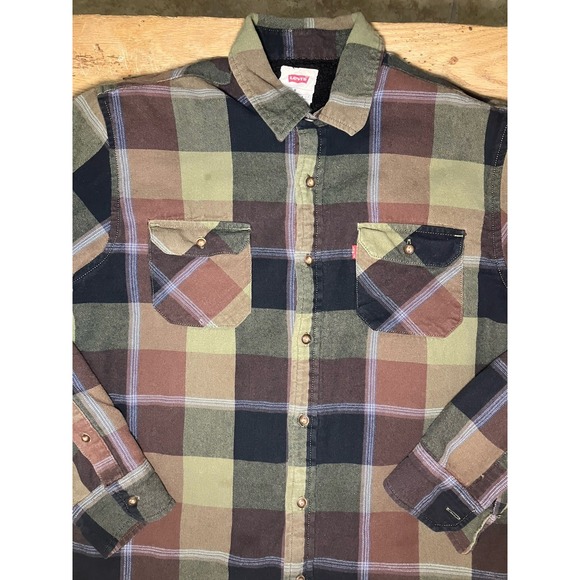 Levi Strauss Sherpa Lined‎ Flannel Shirt/jacket Button Up In Green Men's Sz M - Picture 3 of 7